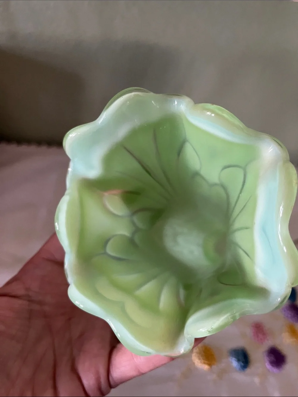 Antique Jefferson Green Opalescent Vase “Tokyo” Pattern, Seafoam Glass, 3-Footed